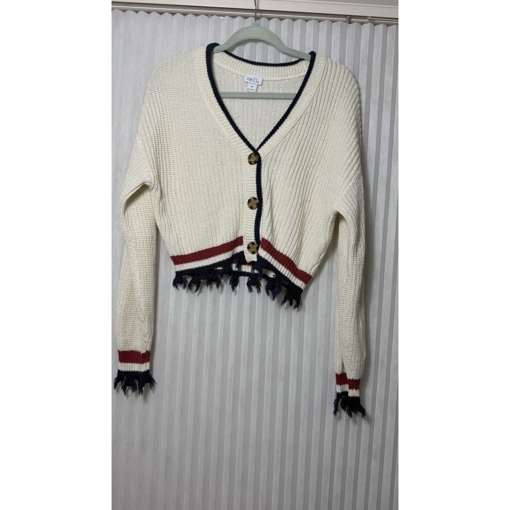 Rue21 Women XS Cream Cropped Knit Cardigan Fringe Hem Button Up Navy Red Stripe